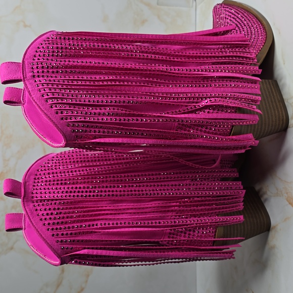 Jessica Simpson Paredisa Rhinestone Fringe Cowboy Booties Pink Nwot Size 6.5 - Picture 4 of 11